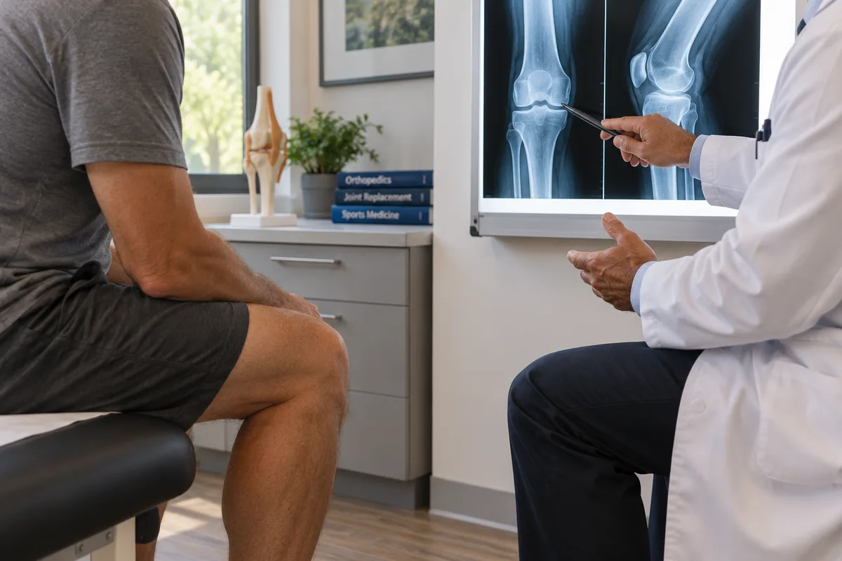 Orthopedic surgeon reviewing knee X-ray with patient